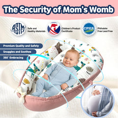 Kombi Baby Lounger Nest pink side view highlighting portable design and compact footprint.
