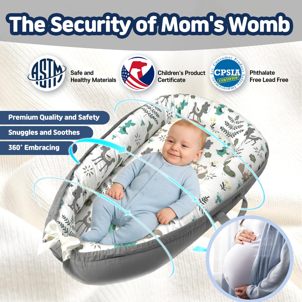 Kombi baby lounger with removable double-sided cover for easy seasonal styling