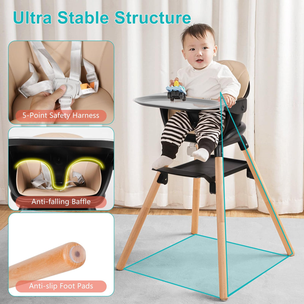 Komcot High Chair 5-point harness keeps baby secure at meals
