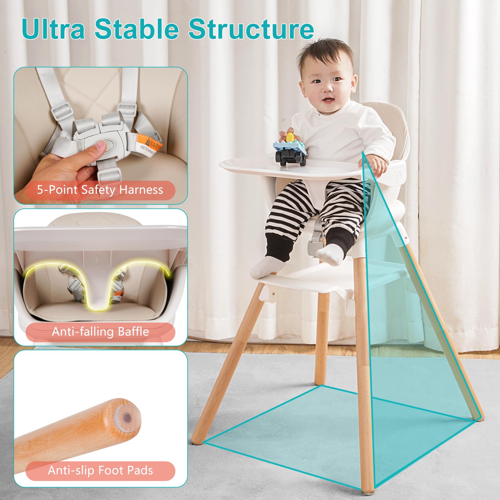 Komcot High Chair beech-wood-legs provide solid support for everyday use.