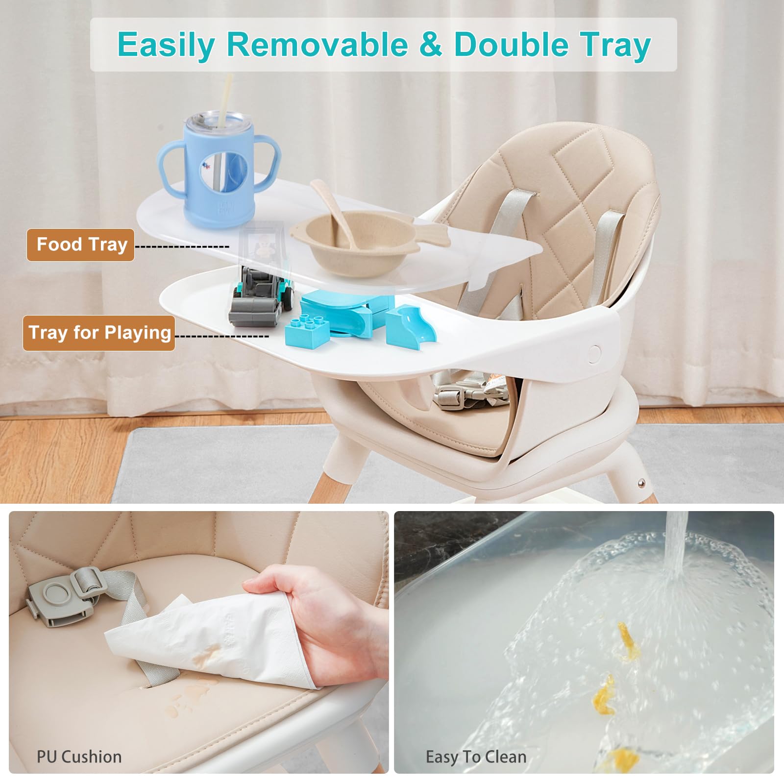 Komcot High Chair pyramid-stability design keeps little one secure during meals.