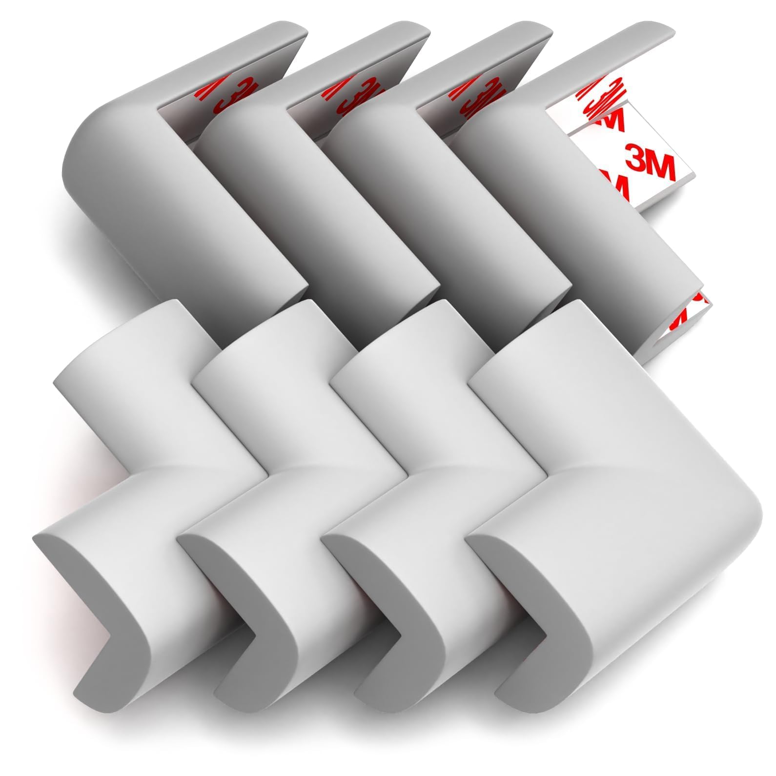 Komfortology corner protectors front view with soft grey cushions for safe furniture corners.