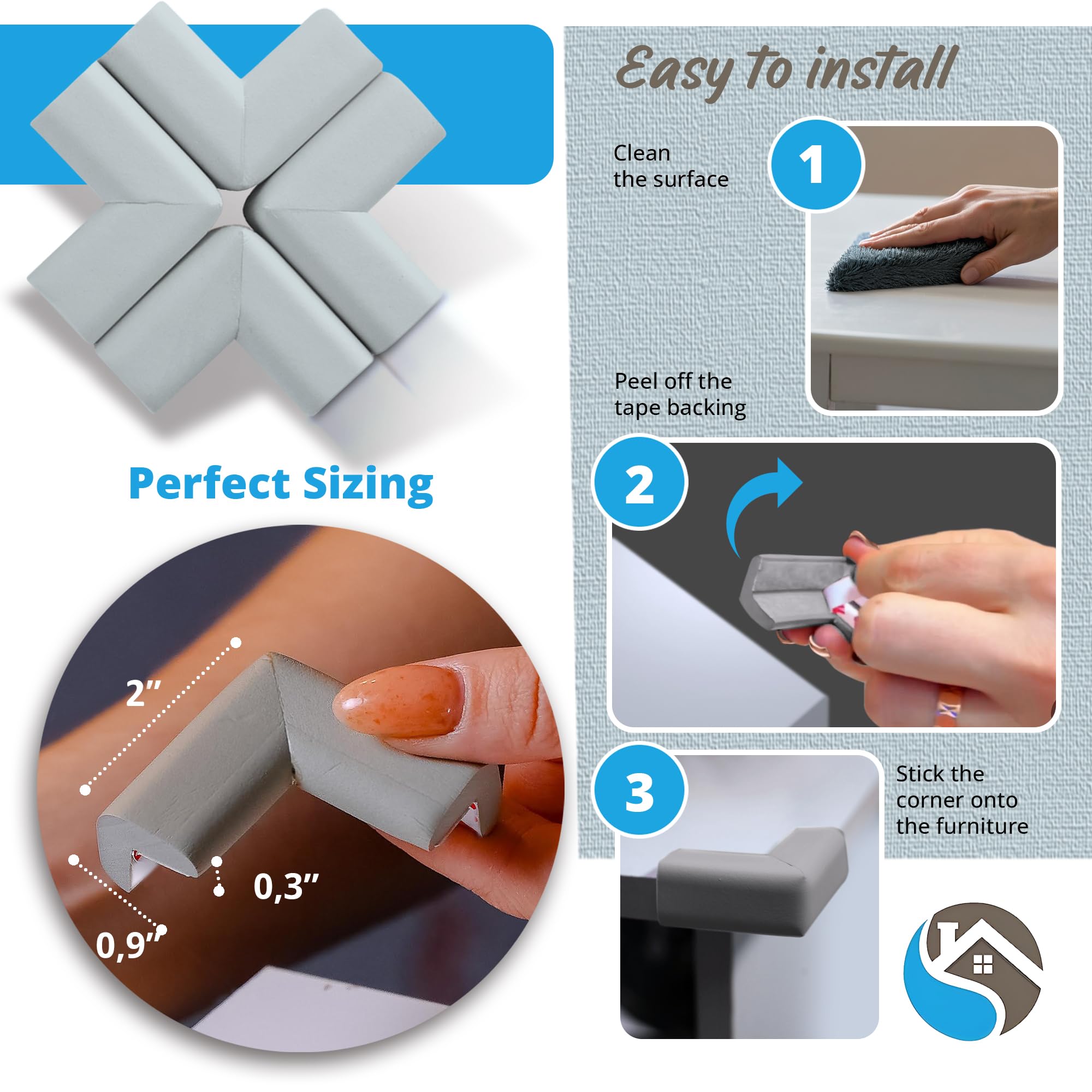 Komfortology grey corner guards on sofa edge provide discreet protection.