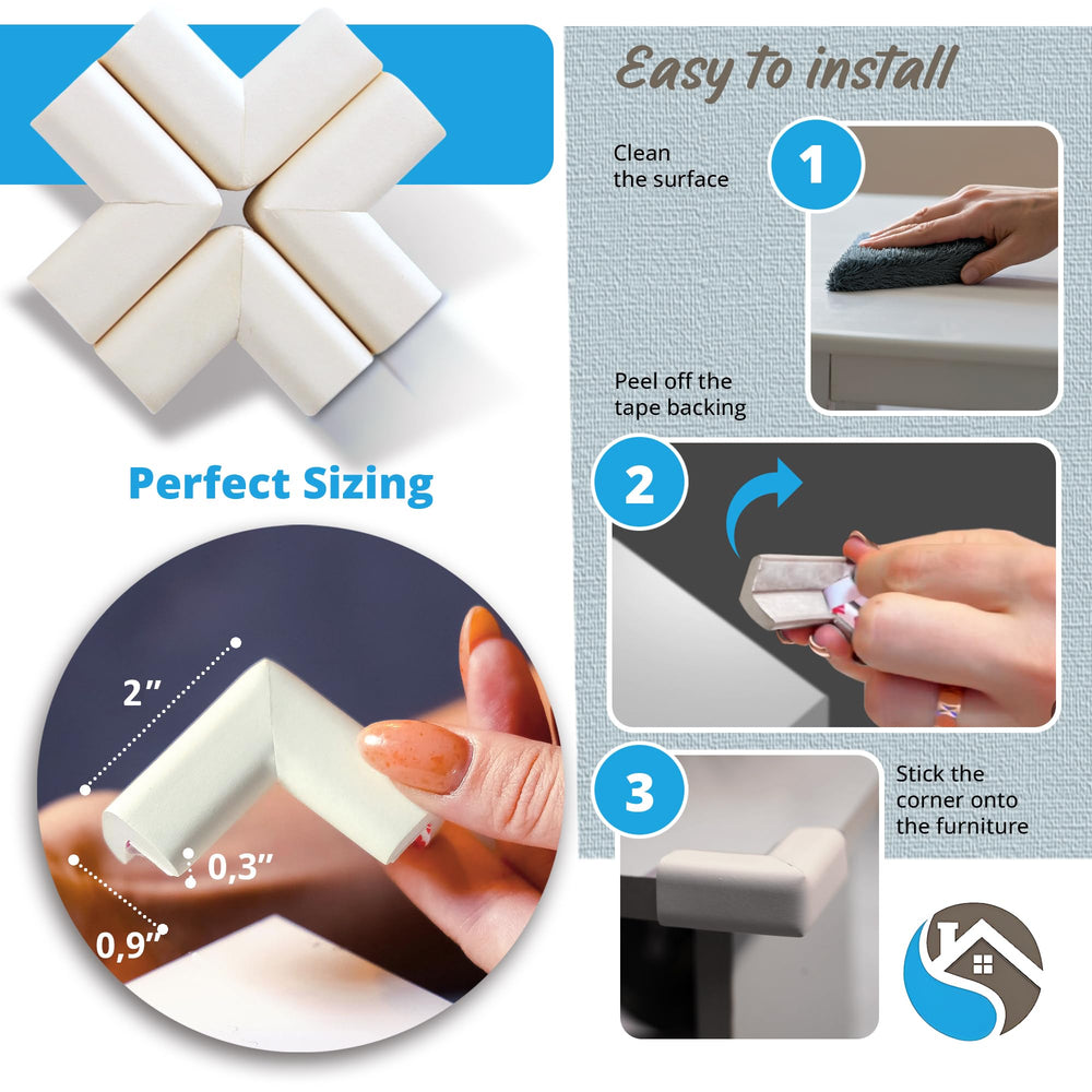 Install-ready Komfortology baby-proofing corner guards on furniture edge.