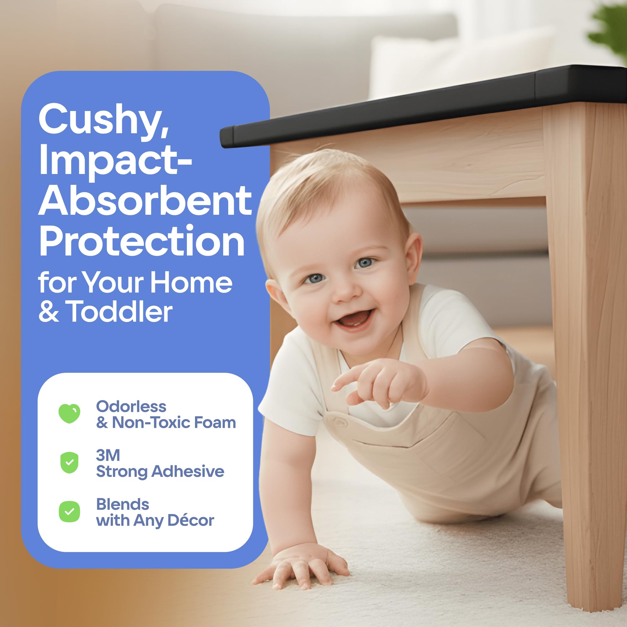 Komfortology edge-safety-bumpers with adhesive foam protectors on a kitchen counter edge
