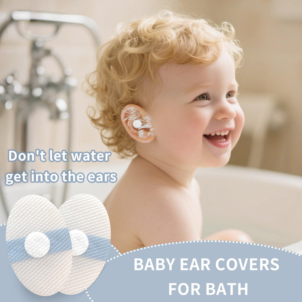 KOMIDK baby ear covers with transparent film surrounding ears and keeping water out