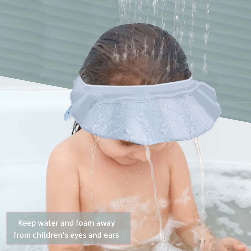 KOMIDK baby shower cap in blue shows adjustable buckle for secure fit.