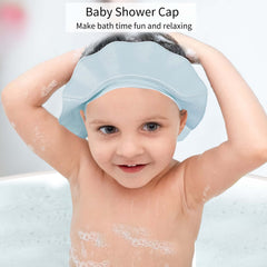 KOMIDK baby shower cap blue brim turned-up demonstrates water flow away from the face.