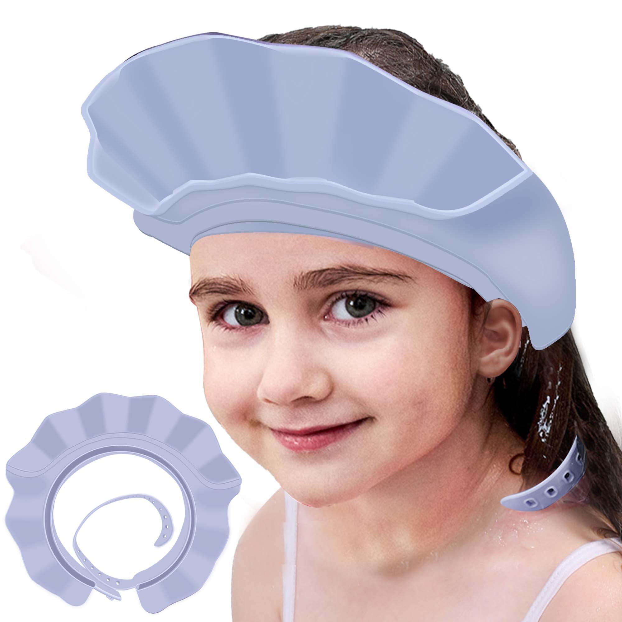 KOMIDK blue shower cap close-up shows soft silicone edge shielding eyes from shampoo.
