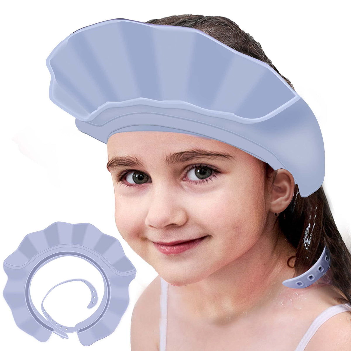 KOMIDK blue shower cap close-up shows soft silicone edge shielding eyes from shampoo.