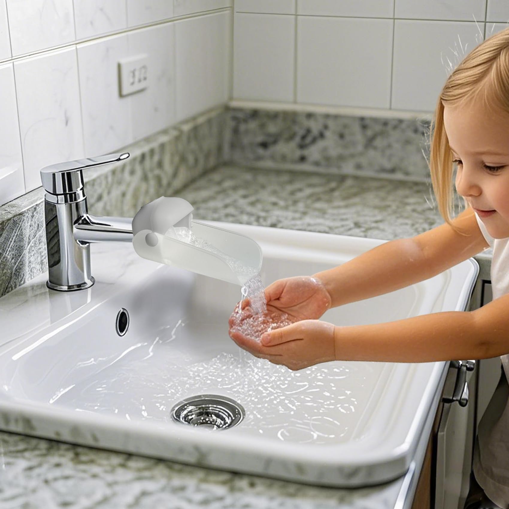 KOMIDK Faucet Extender compatibility diagram demonstrates universal fit for most taps