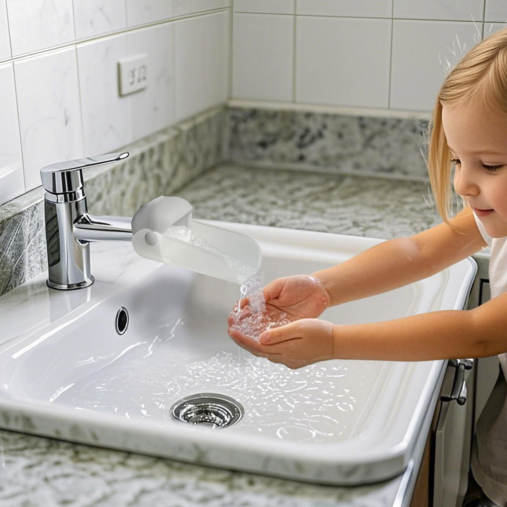 KOMIDK Faucet Extender compatibility diagram demonstrates universal fit for most taps