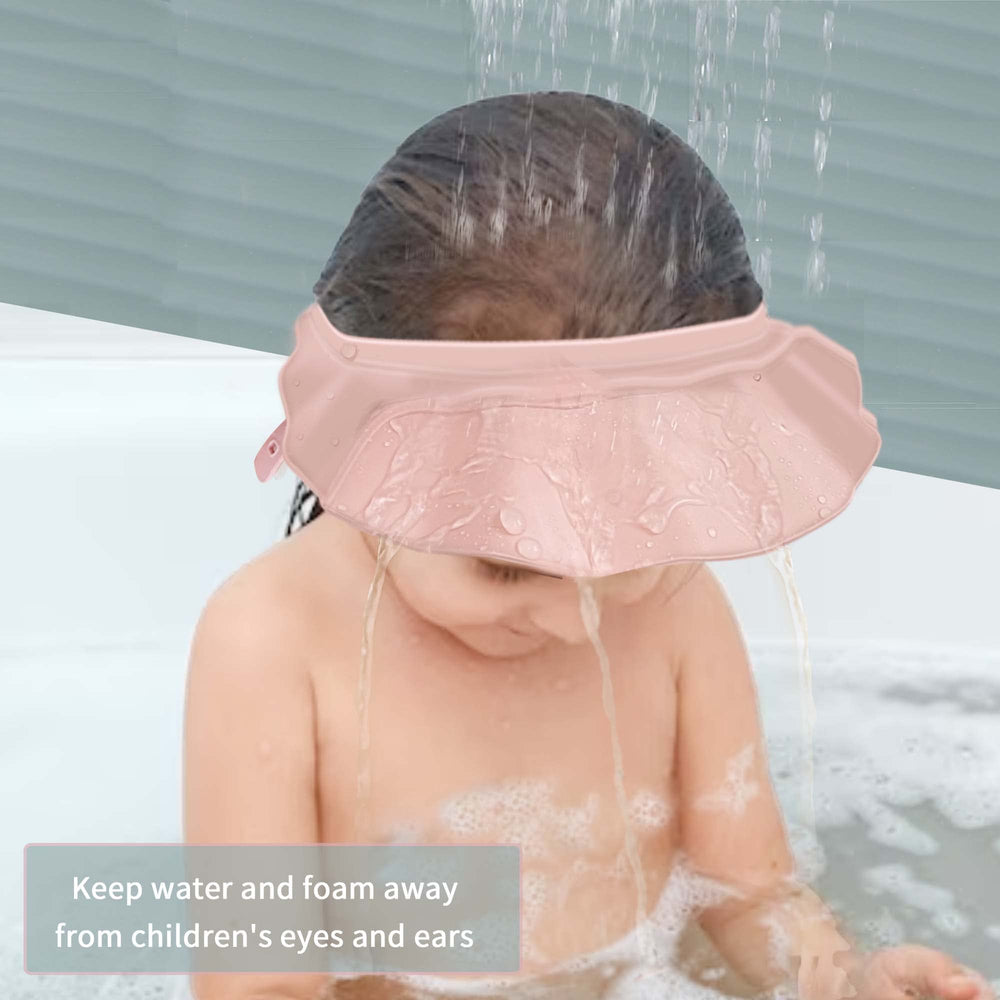 KOMIDK pink baby shower cap redirects water away from the face for a calmer bath