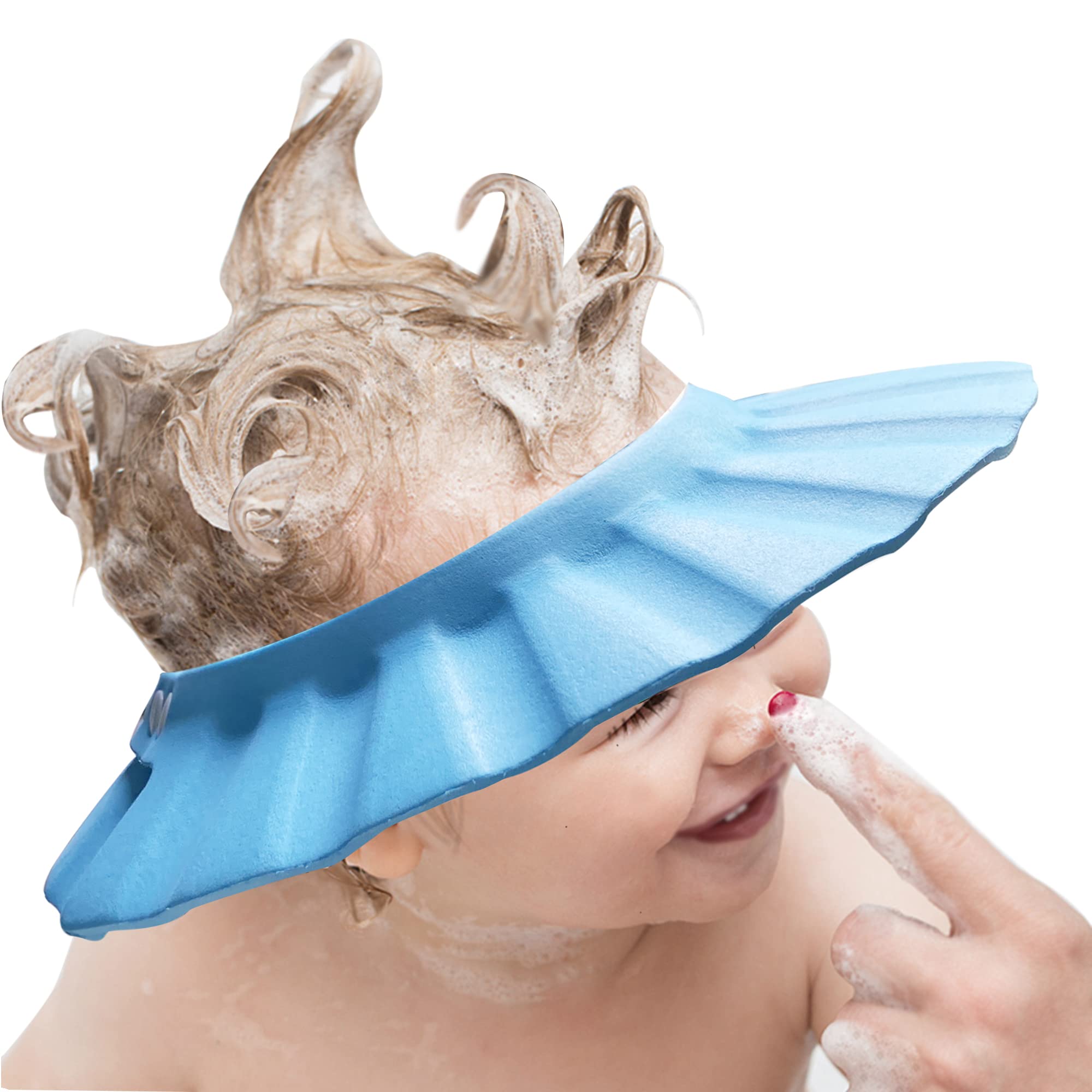 KOMIDK soft adjustable baby shower cap in blue protects eyes during bath time.