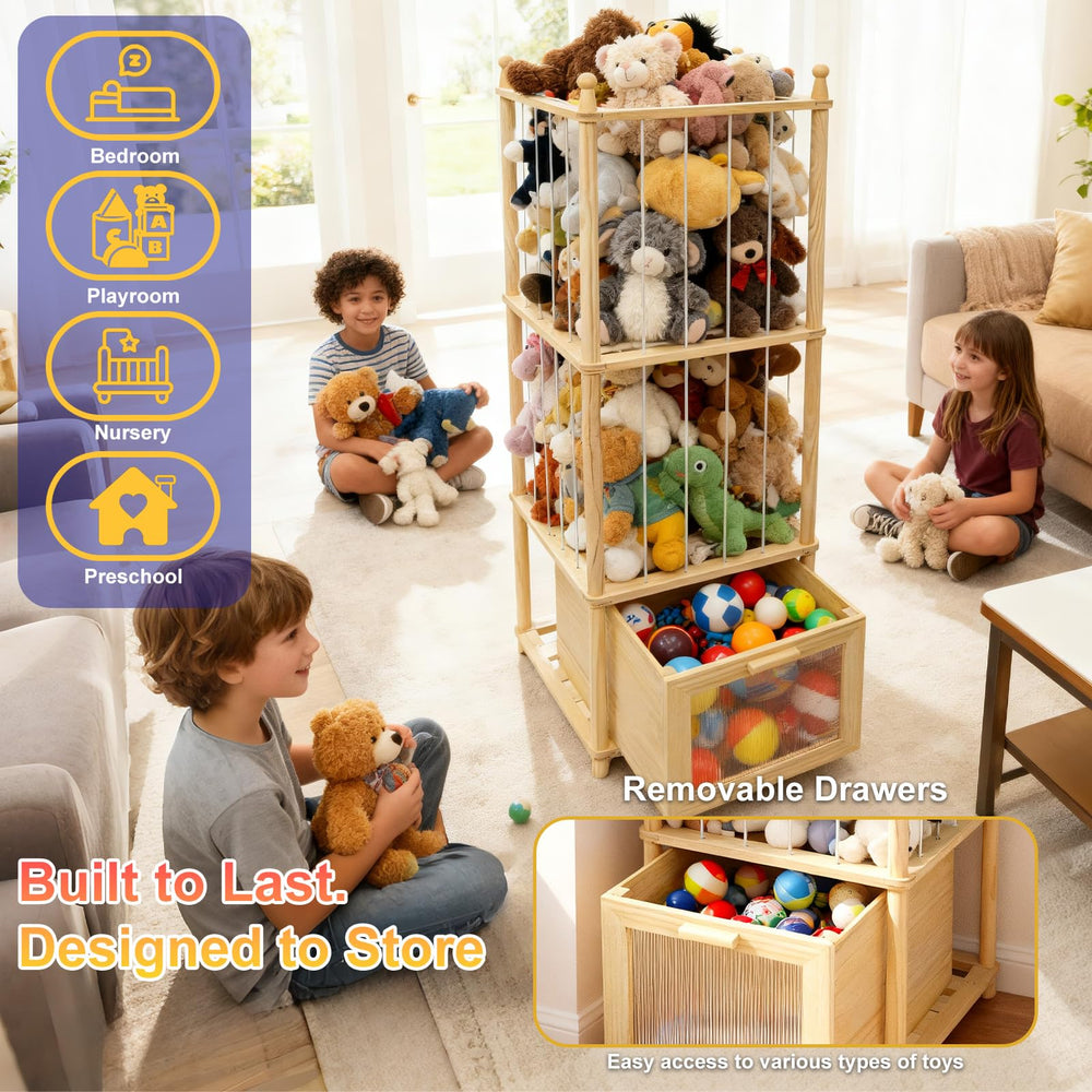 Kompaktayc stuffed animal storage bottom drawer provides flexible space for books and small plushies.