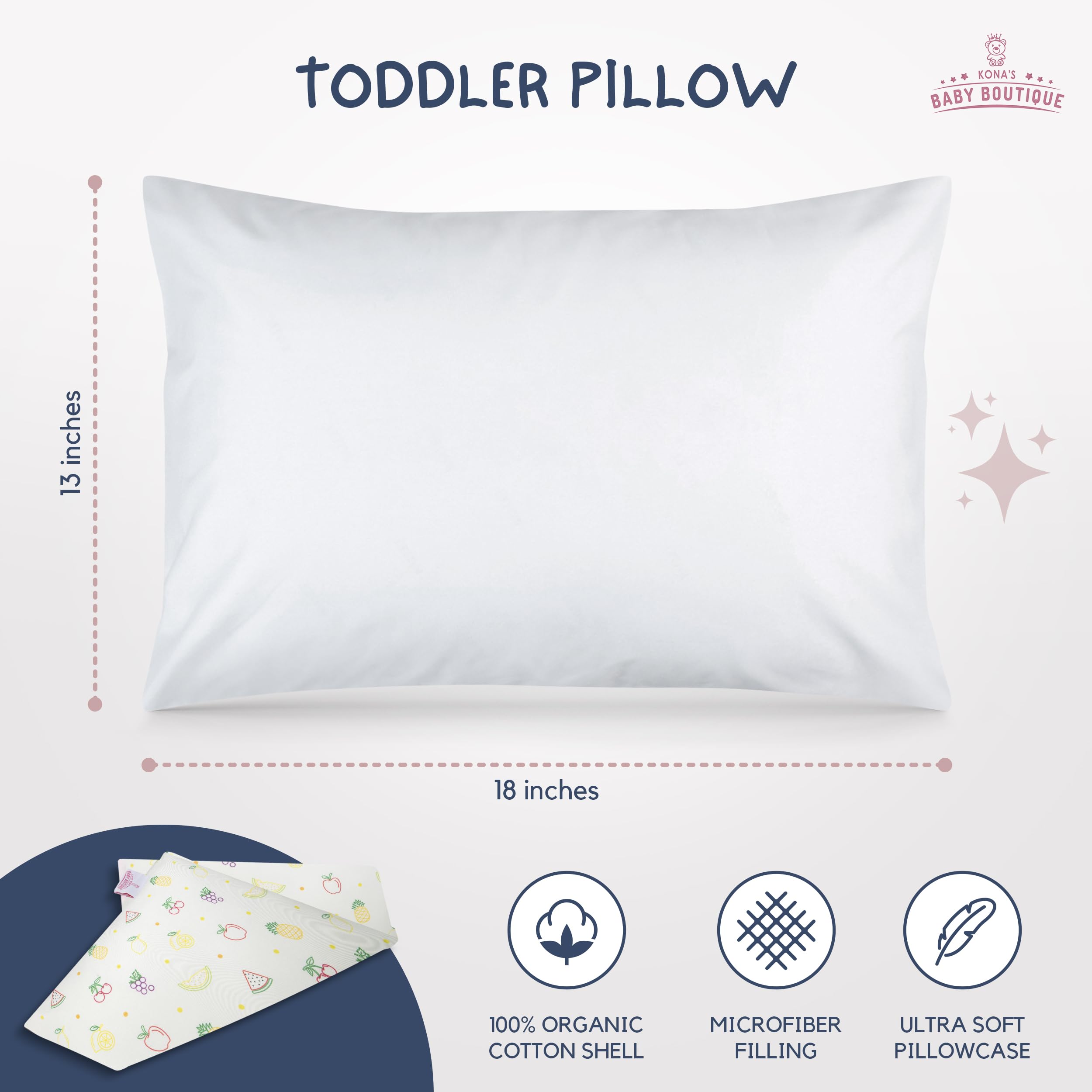 Kona's Baby Boutique toddler pillow closeup case reveals gentle, washable fabric.
