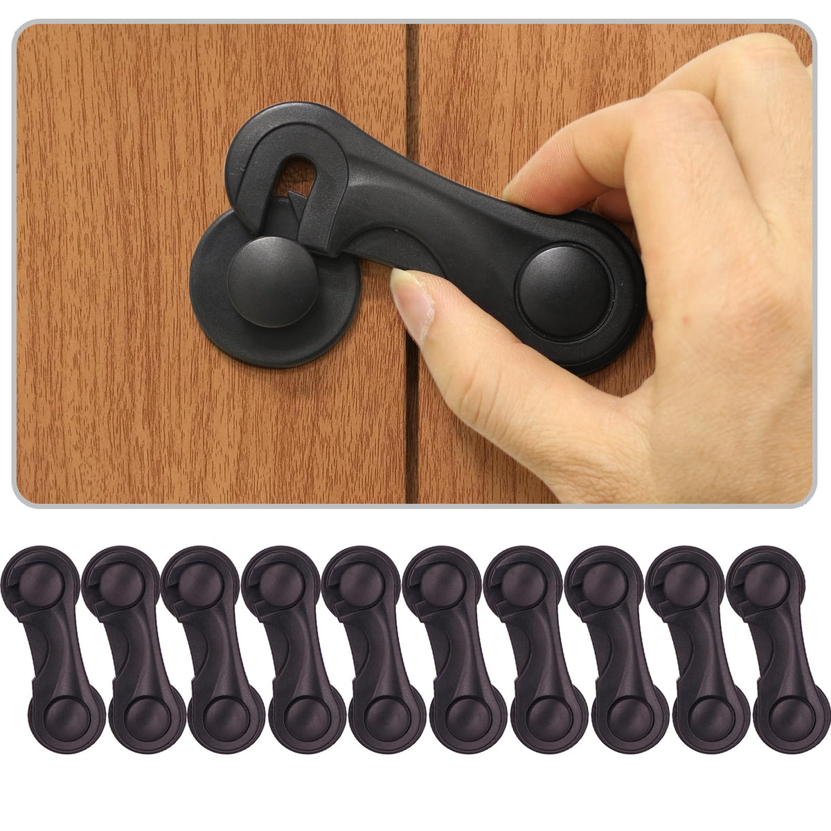 KongNai cabinet locks in black on a smooth cabinet door for safer playtime.
