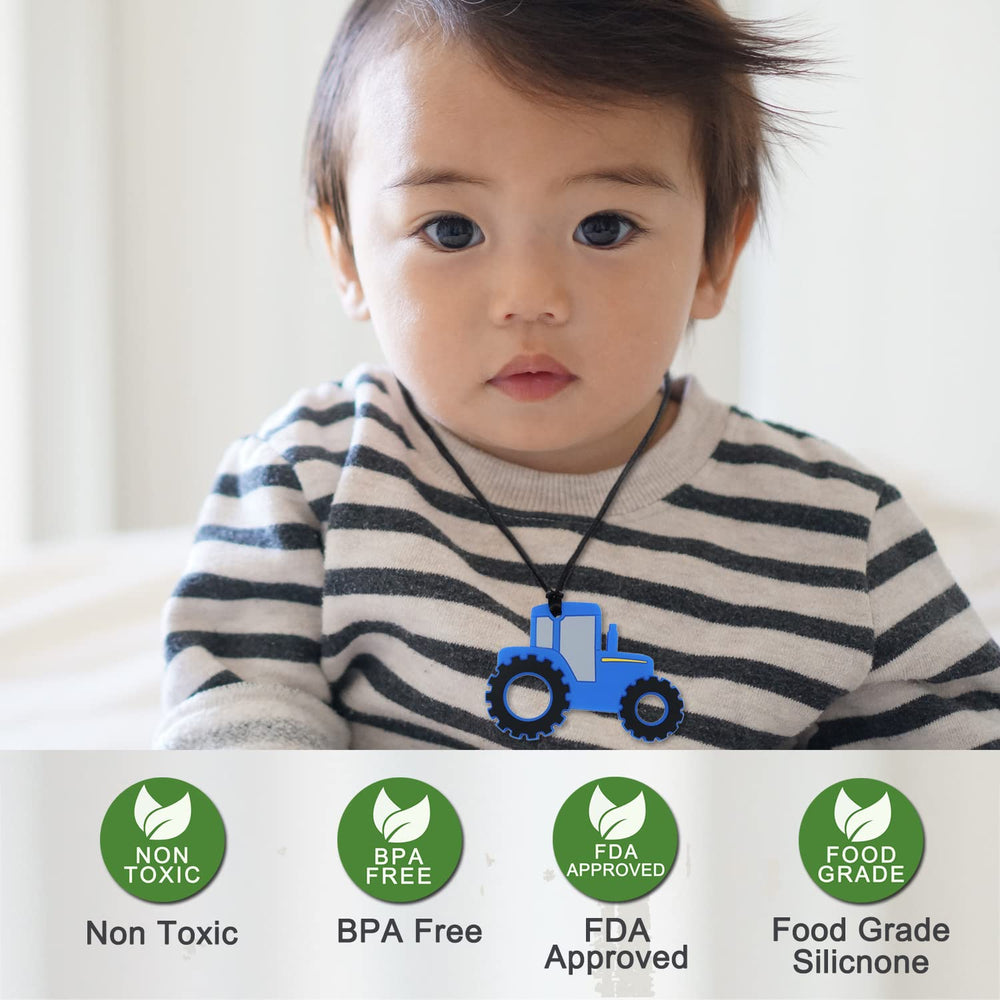 KongNai chew-necklace blue tractor pendant offers fidget-friendly distraction.