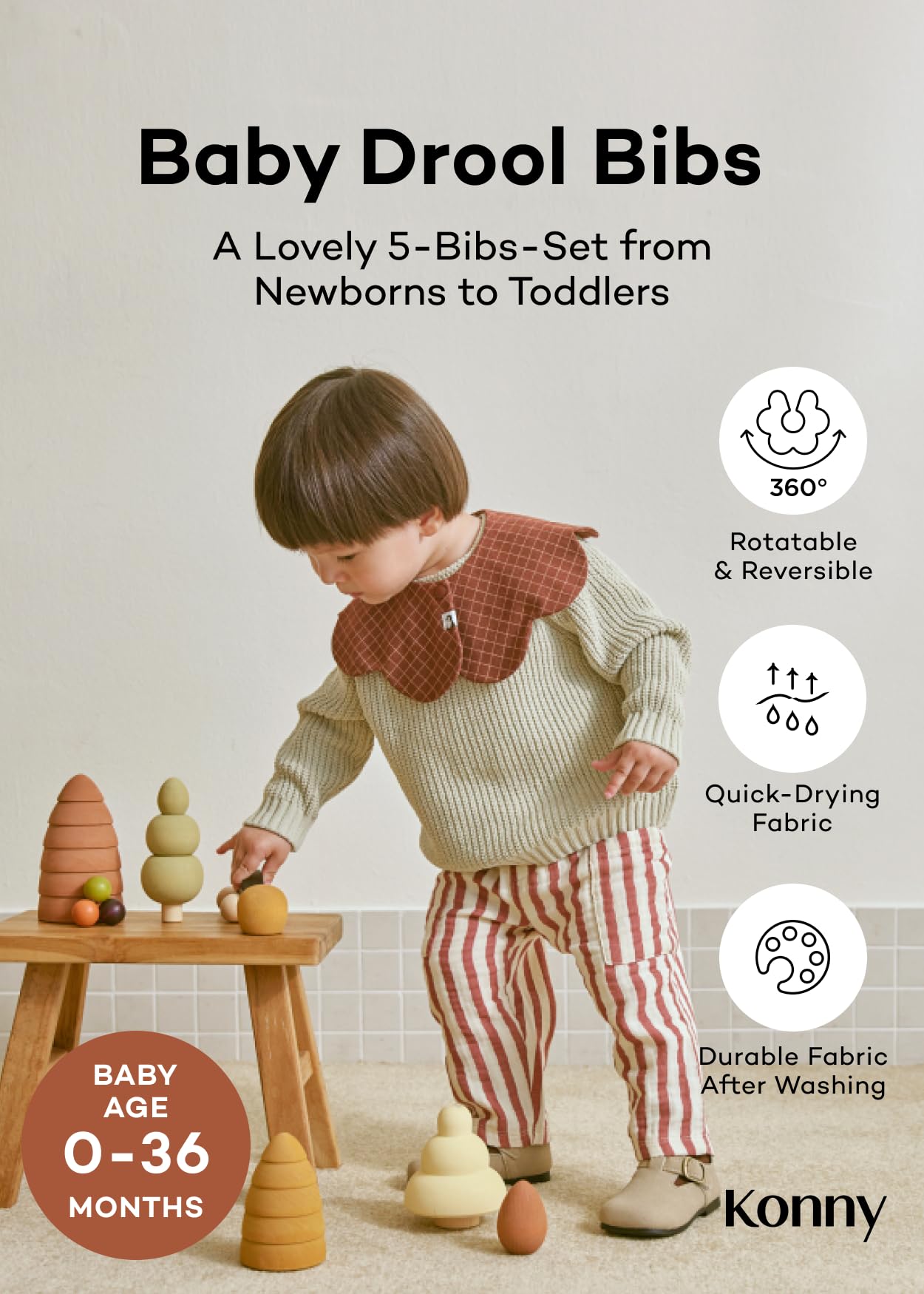 Konny Baby Bibs two-sided design enables quick style switches during meals