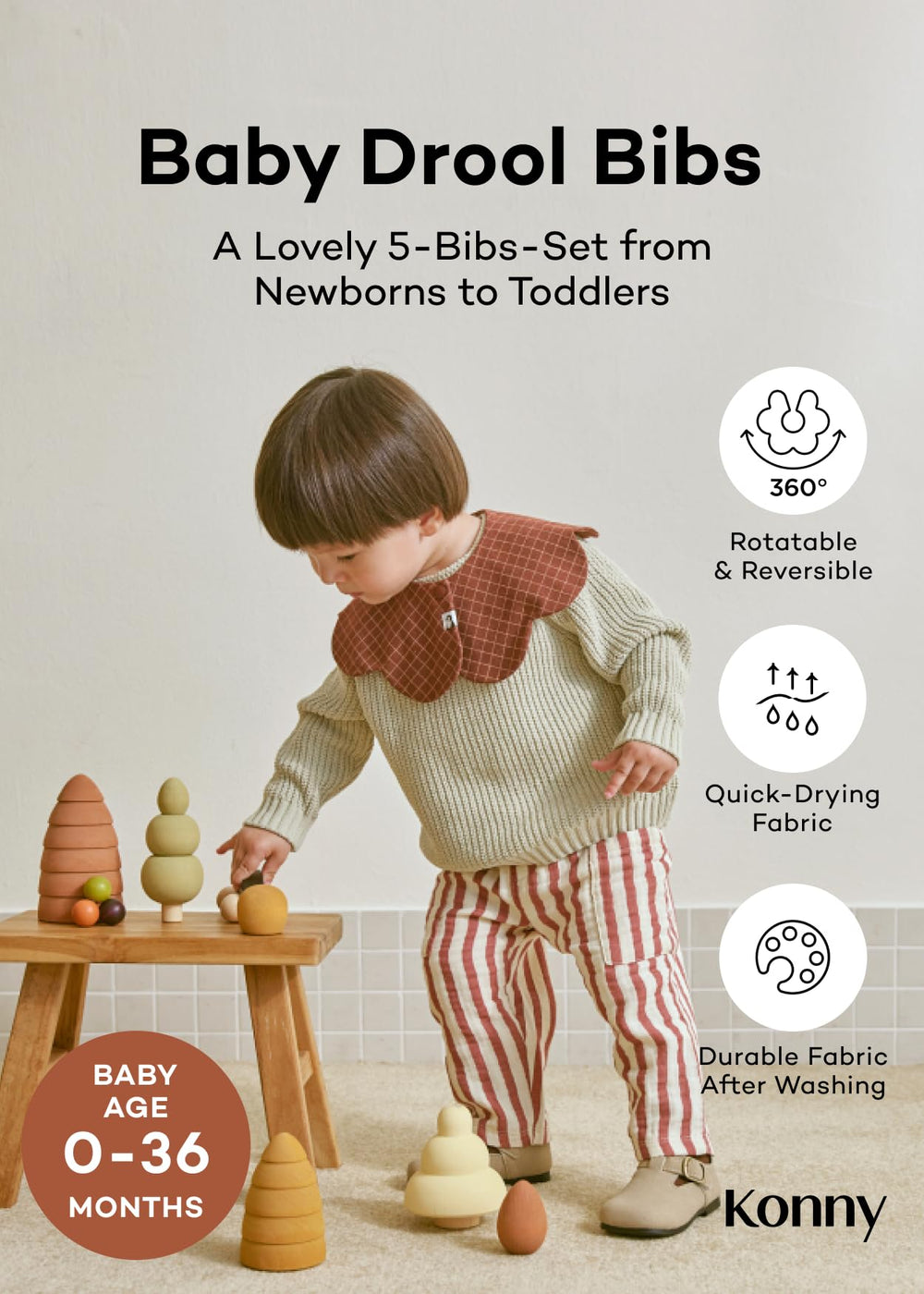 Konny Baby Bibs two-sided design enables quick style switches during meals