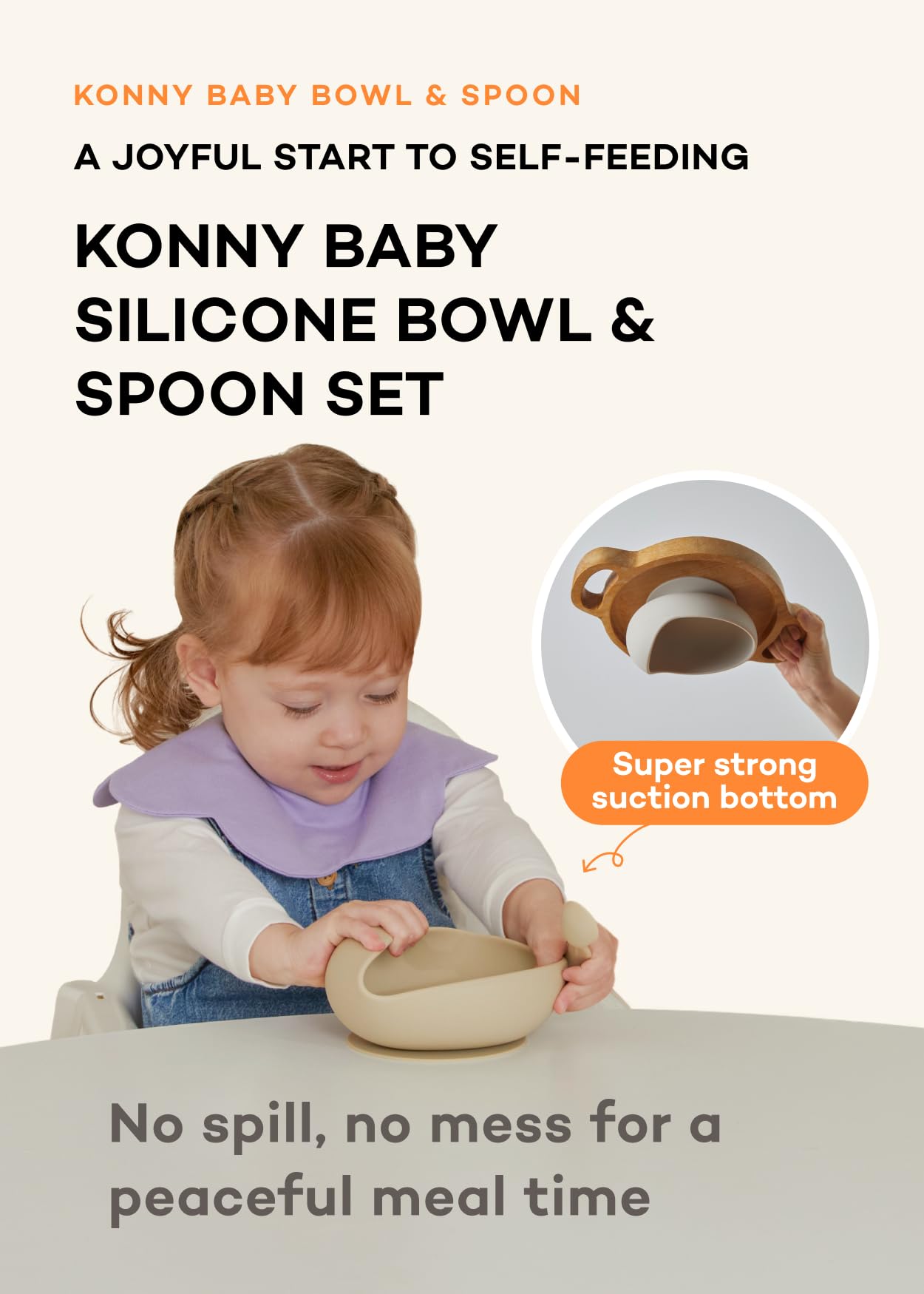 Konny bowl with suction bottom—stable on surfaces to reduce spills.