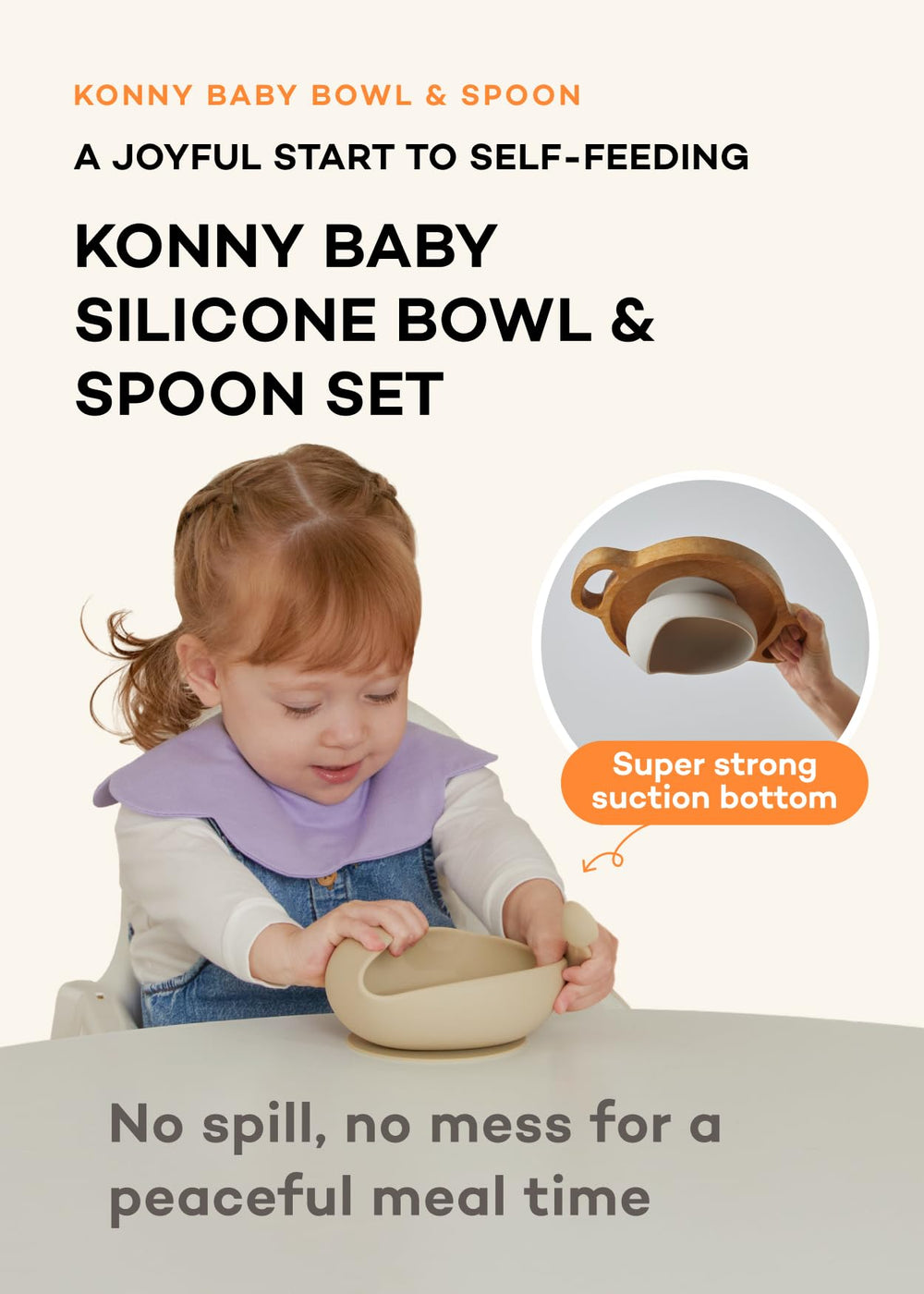 Konny bowl with suction bottom—stable on surfaces to reduce spills.