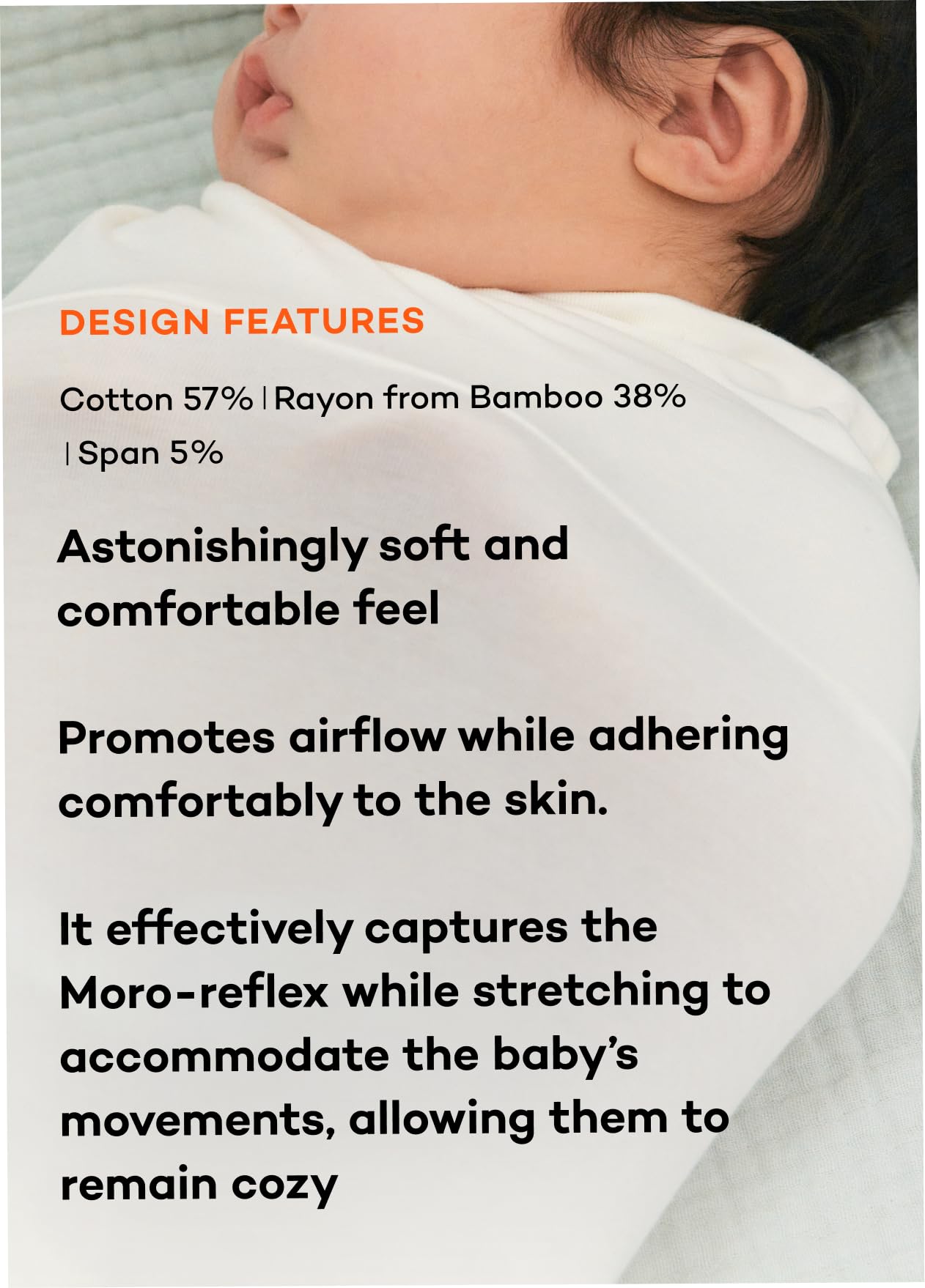 Konny Newborn Swaddle demonstrates Moro reflex snug arms for steady newborn sleep.