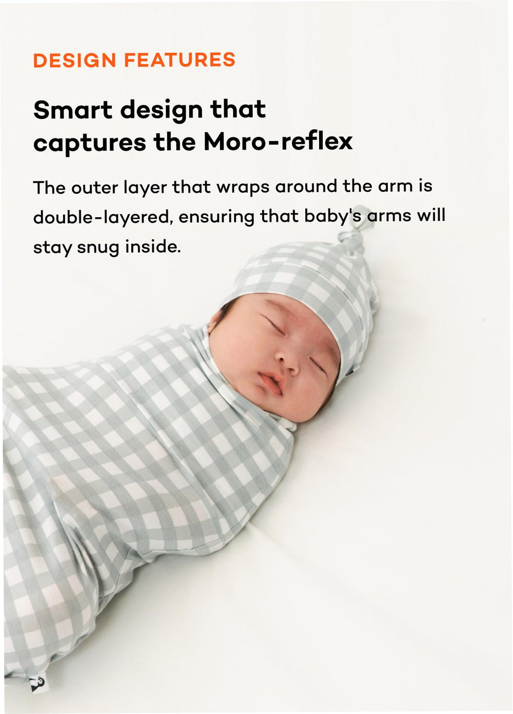 Konny Newborn Swaddle Pouch cream shows snug arm wrap to soothe Moro reflex for peaceful nights