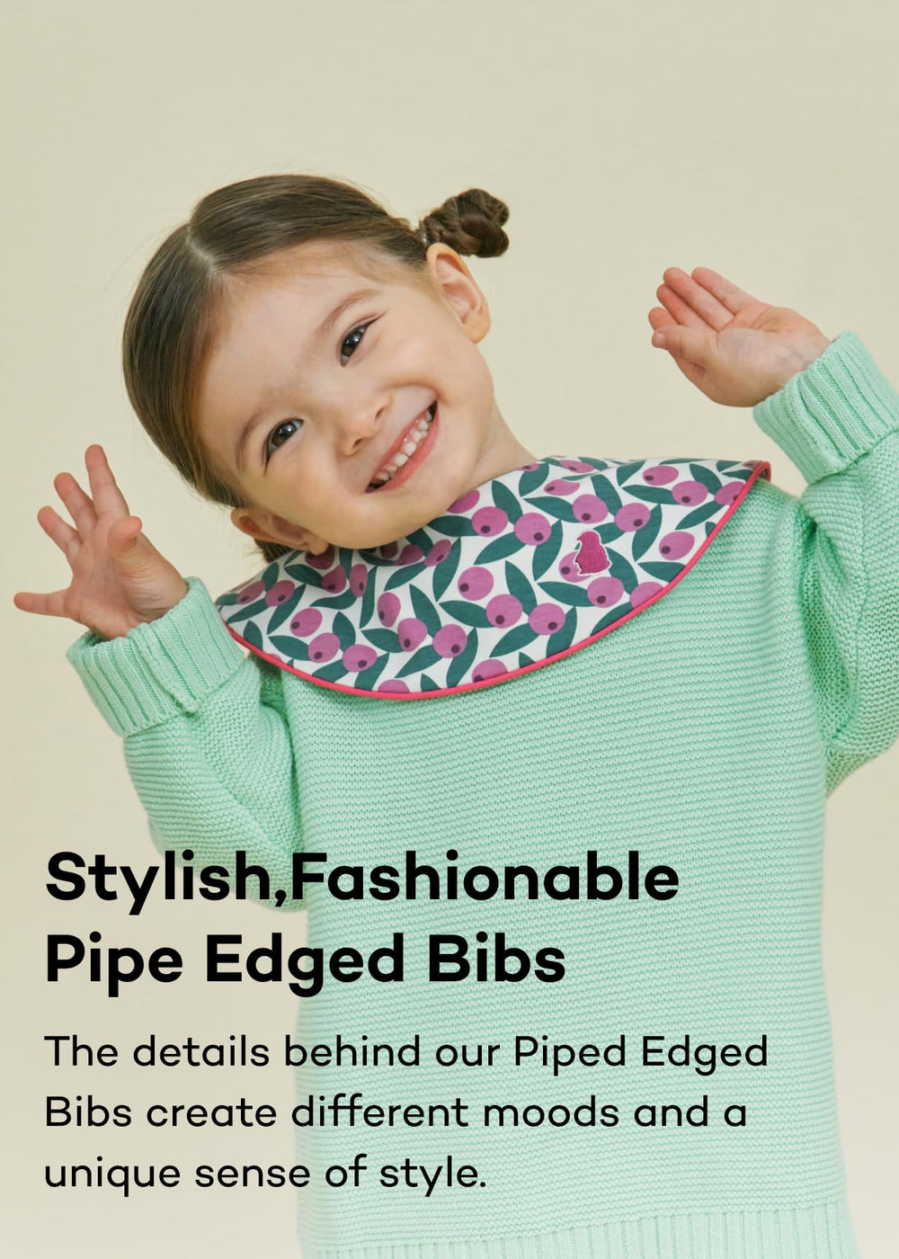 Konny Piped Edge Bib safety materials closeup emphasizes non-fluorescent, chew-safe fabric.