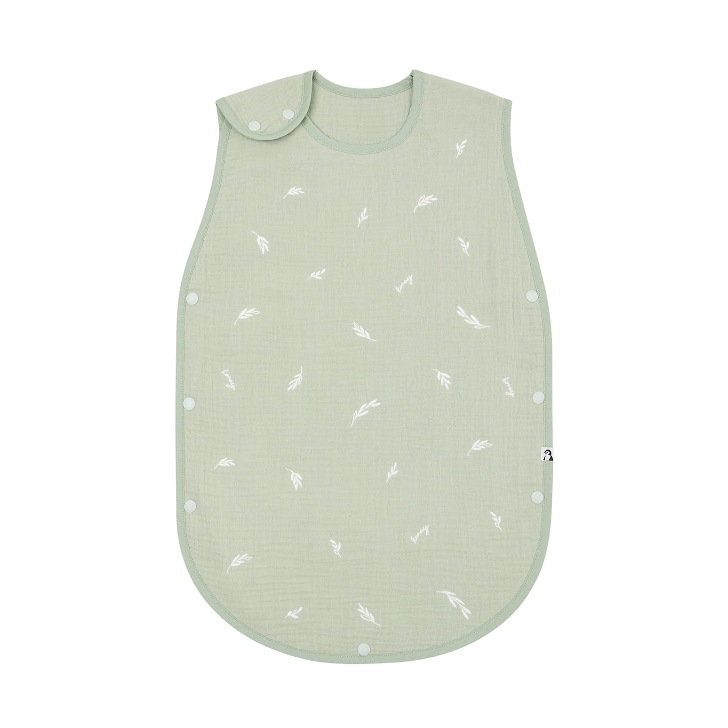 Konny Sleep Sack Green Leaf 6-layer cotton gauze provides breathable comfort.