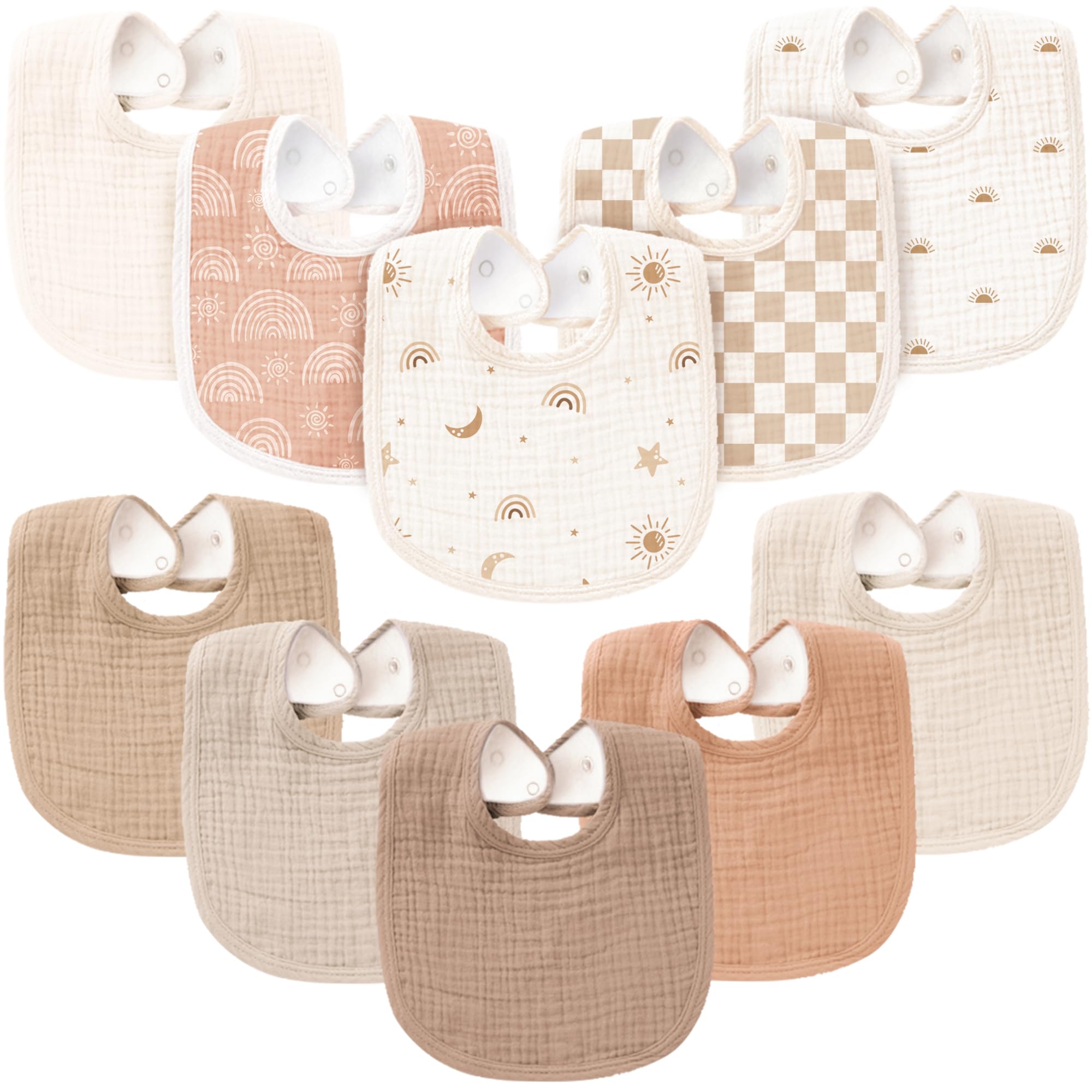 Konssy 10-pack muslin baby bibs flatlay in neutral colors for versatile drool protection.