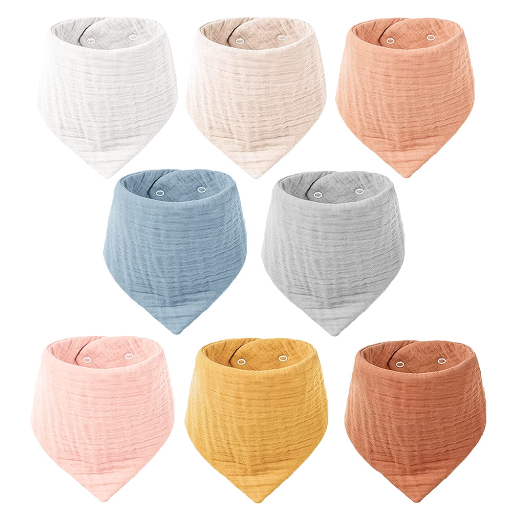Konssy 8-pack muslin bibs with absorbent, soft fabric for drool control.