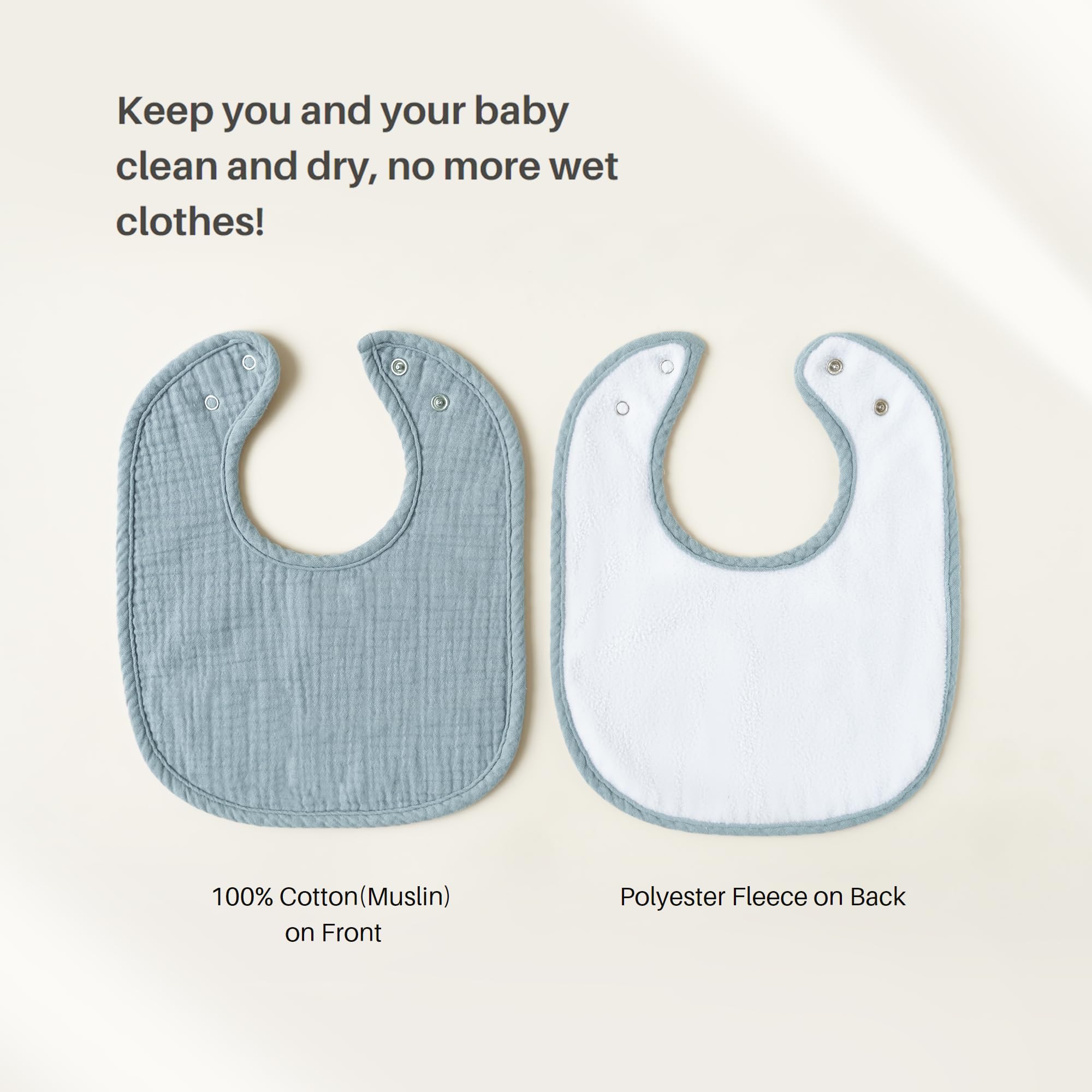 Konssy bibs adjustable snaps enable a secure fit as baby grows.