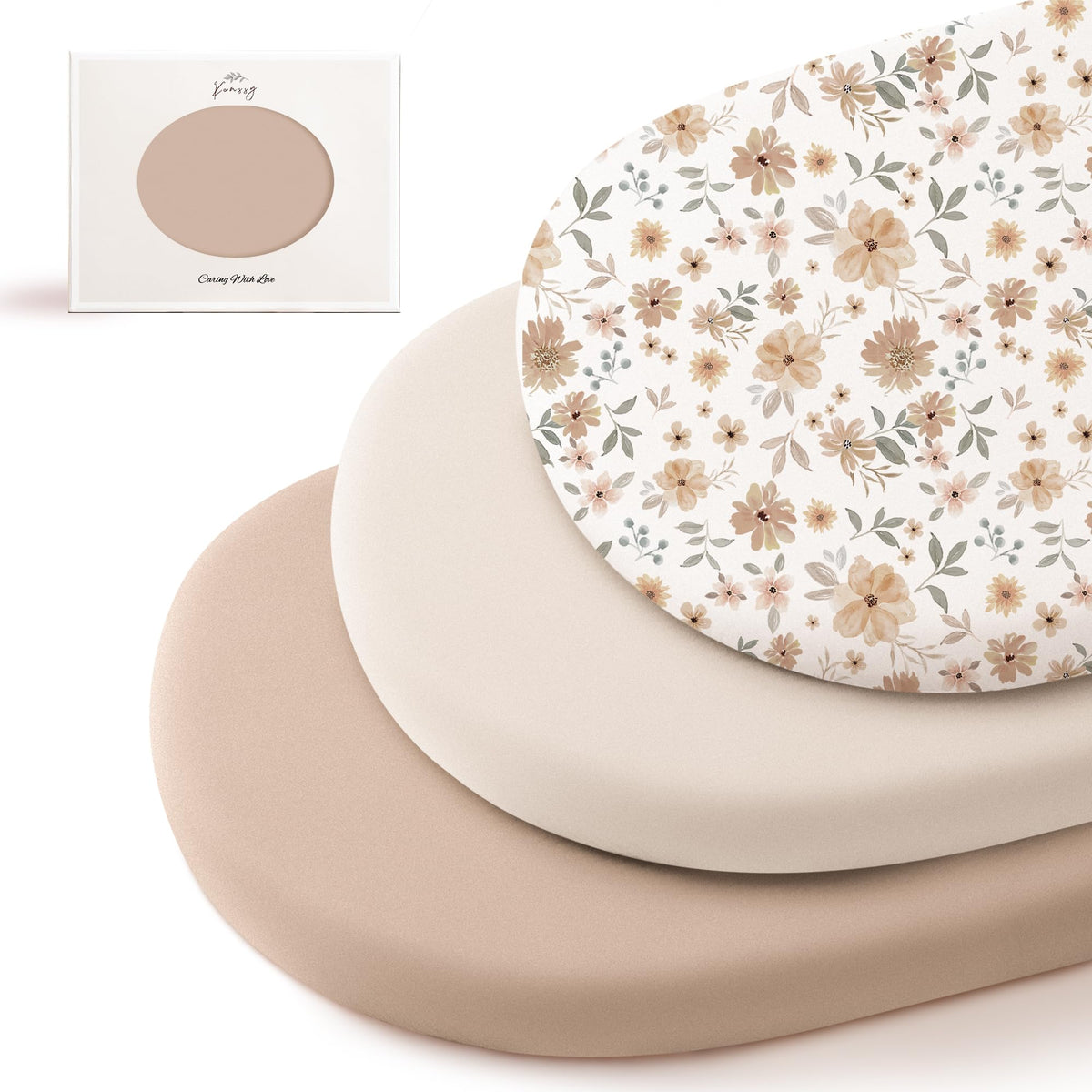 Konssy Flourish bassinet sheets packaging showing three-pack set for gifting