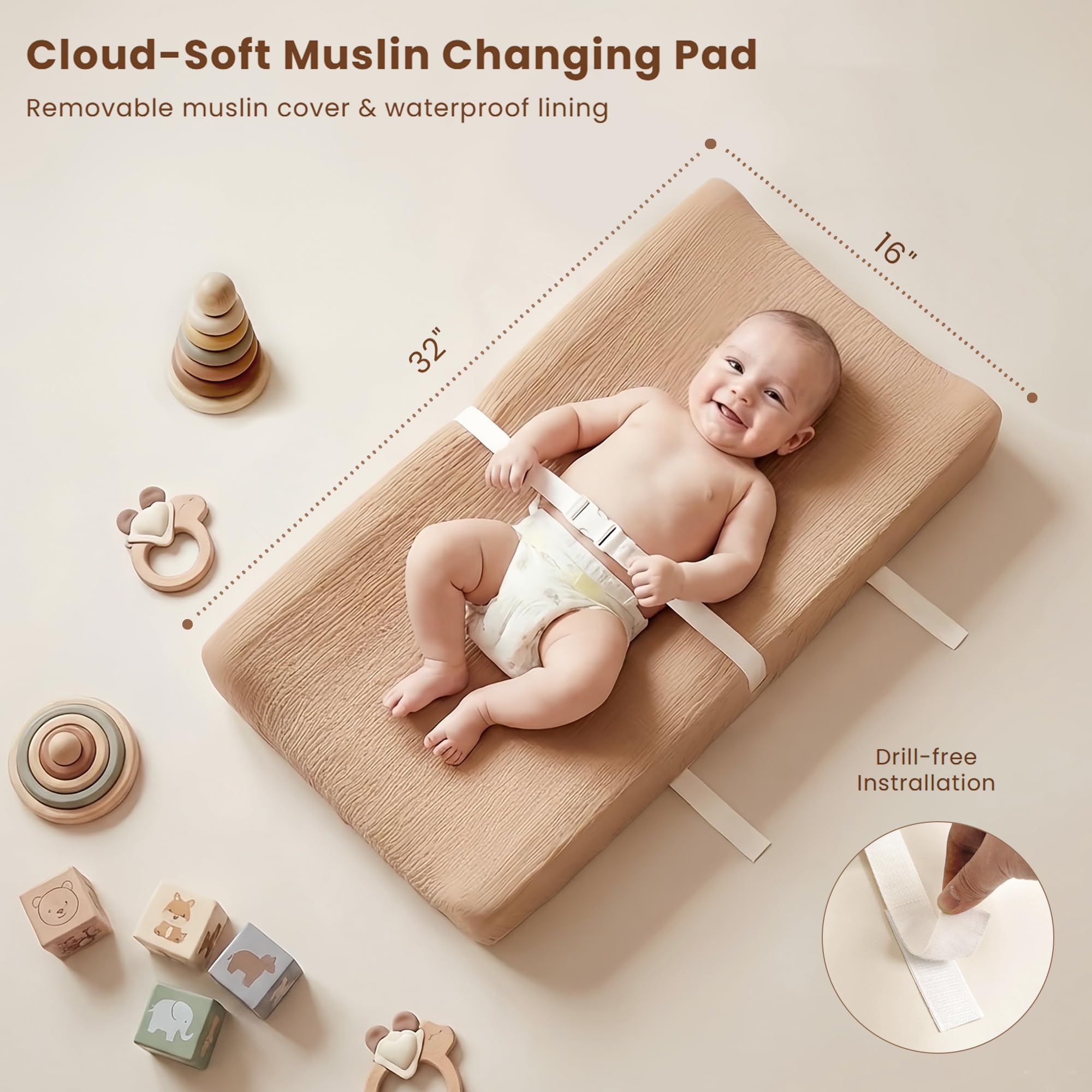 Konssy changing pad anti-roll sides with safety belt for stable diaper changes