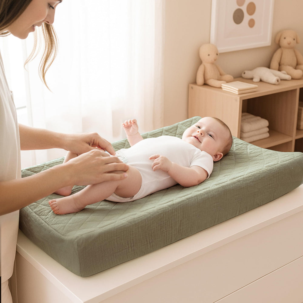 Konssy 32x16 size illustrates full coverage and secure hold on standard changing pads