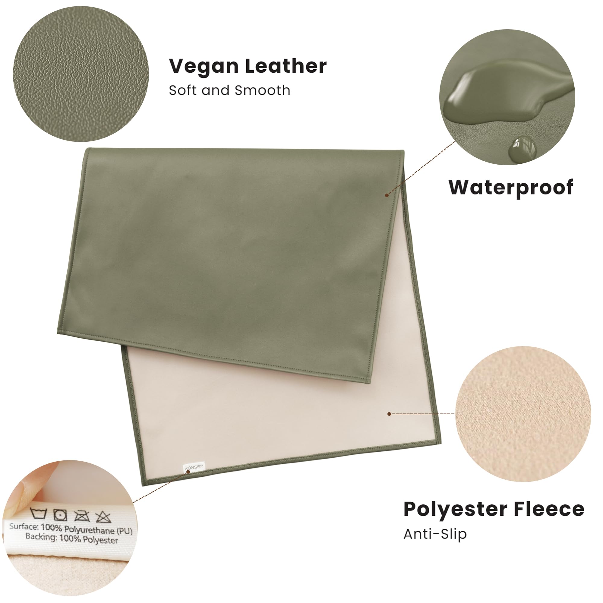 Konssy faux leather changing mat surface closeup showing waterproof, wipe-clean finish