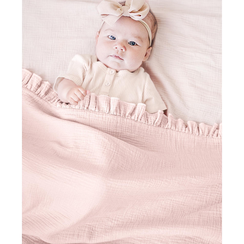 Konssy Flounce Muslin Blanket floral design view for a soothing nursery aesthetic.