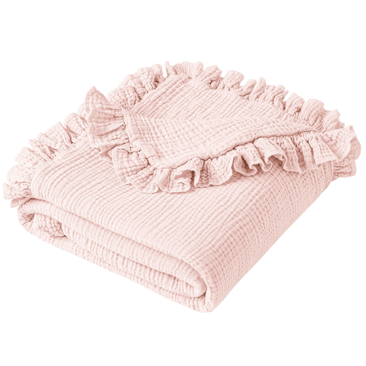 Konssy Flounce Muslin Blanket fabric closeup showing breathable cotton for baby comfort.