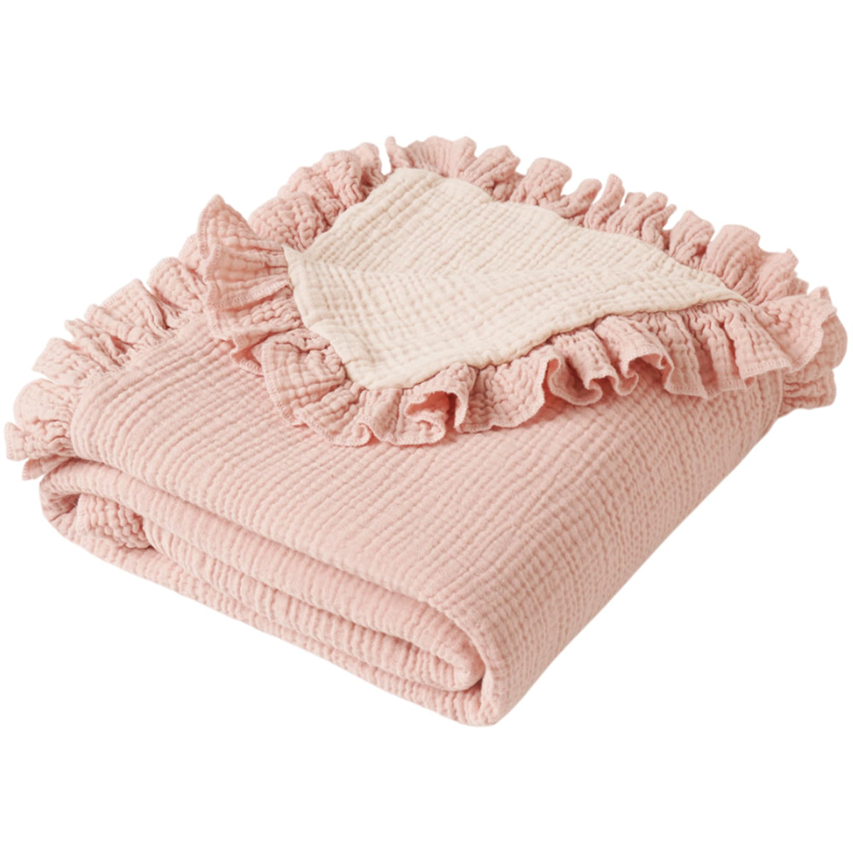 Konssy Flounce Muslin Blanket soft-touch close-up showcases gentle, breathable fabric for baby skin.