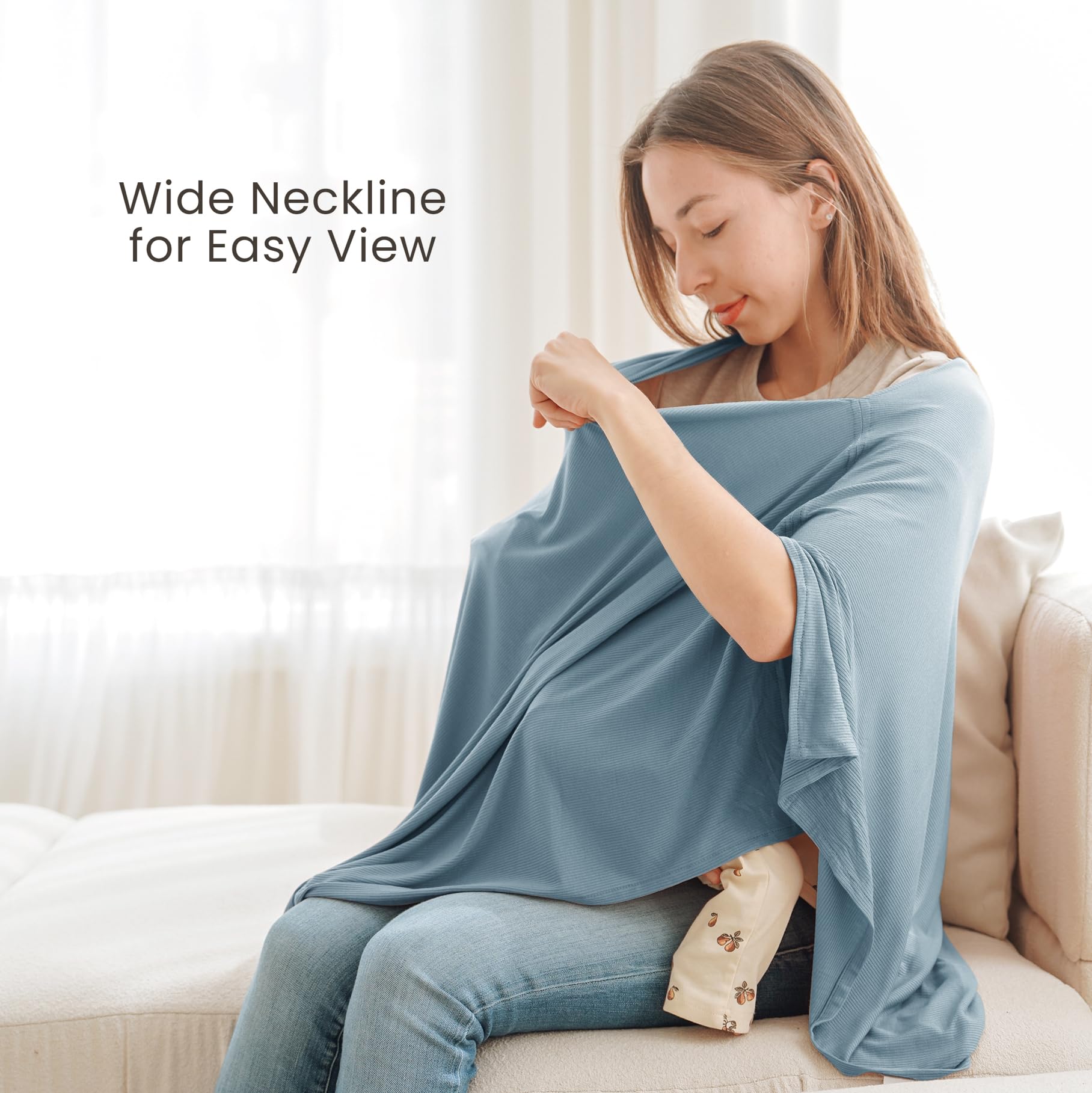 Konssy blue nursing cover shows breathable knit fabric for comfortable feeds.