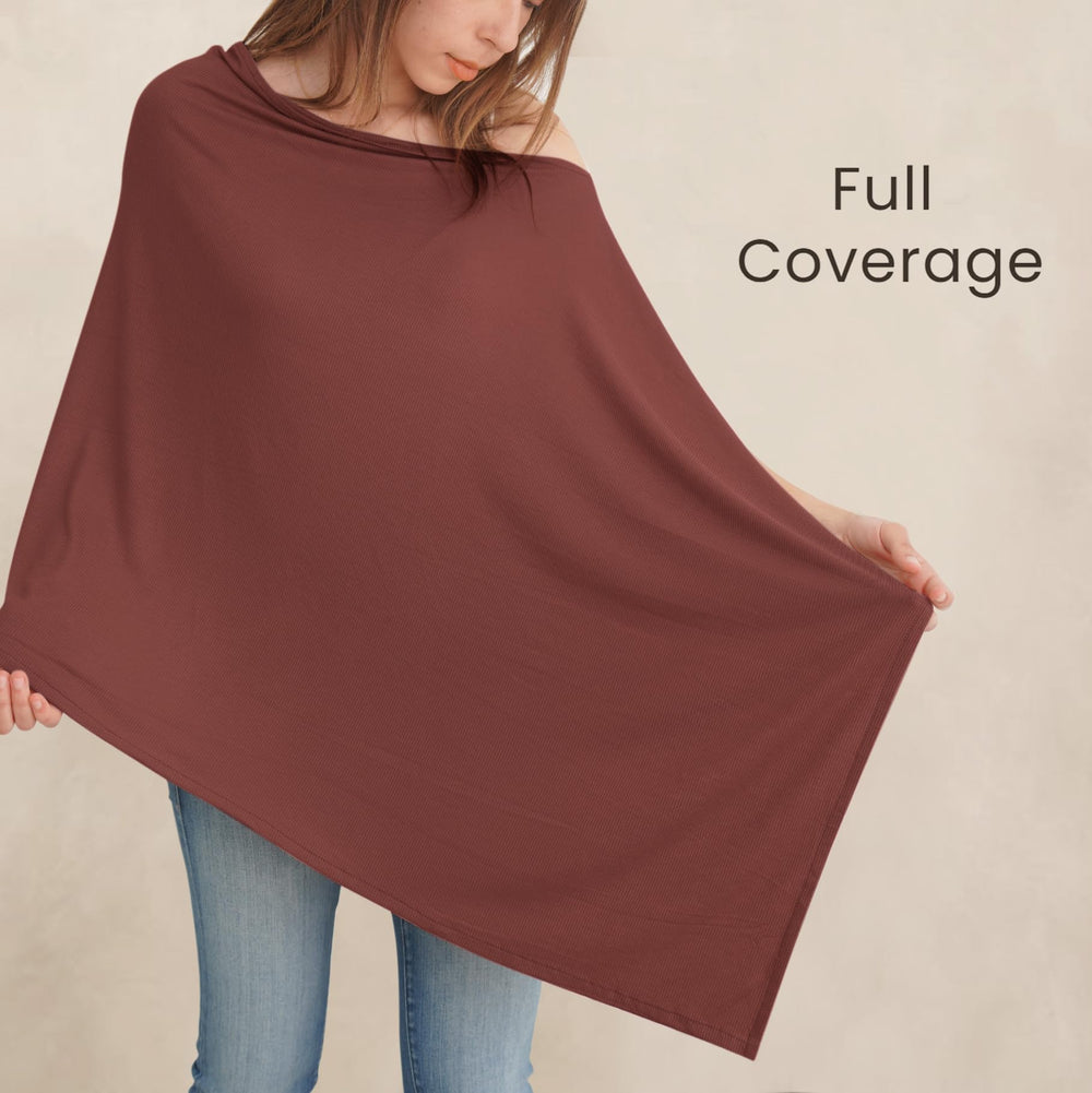 Konssy Knit Nursing Cover worn by model illustrating discreet breastfeeding in public