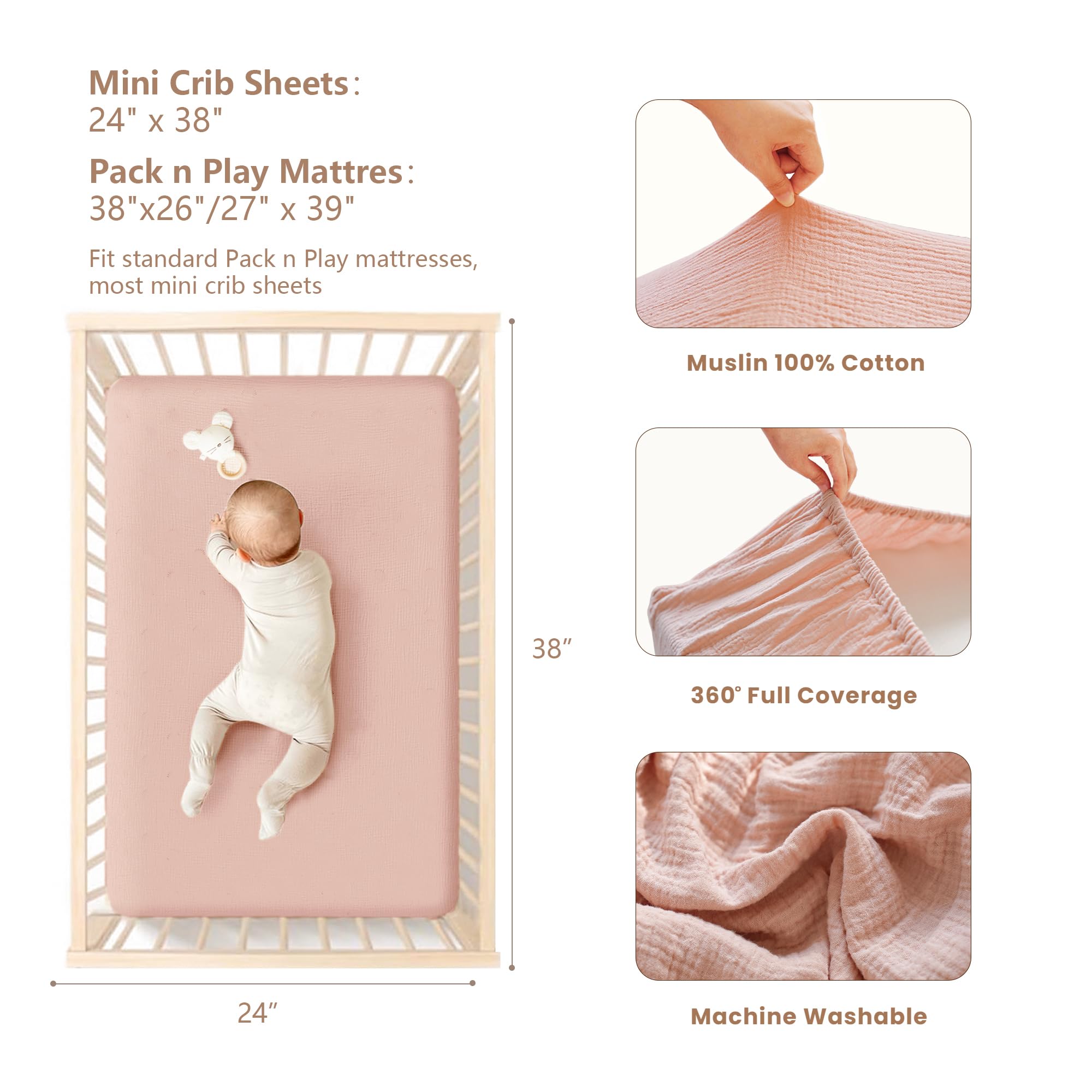 Konssy mini crib sheets sized 38x24 inches fit securely on most pack n play mattresses