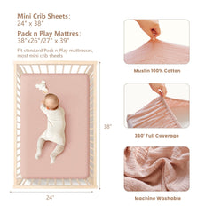 Konssy mini crib sheets sized 38x24 inches fit securely on most pack n play mattresses