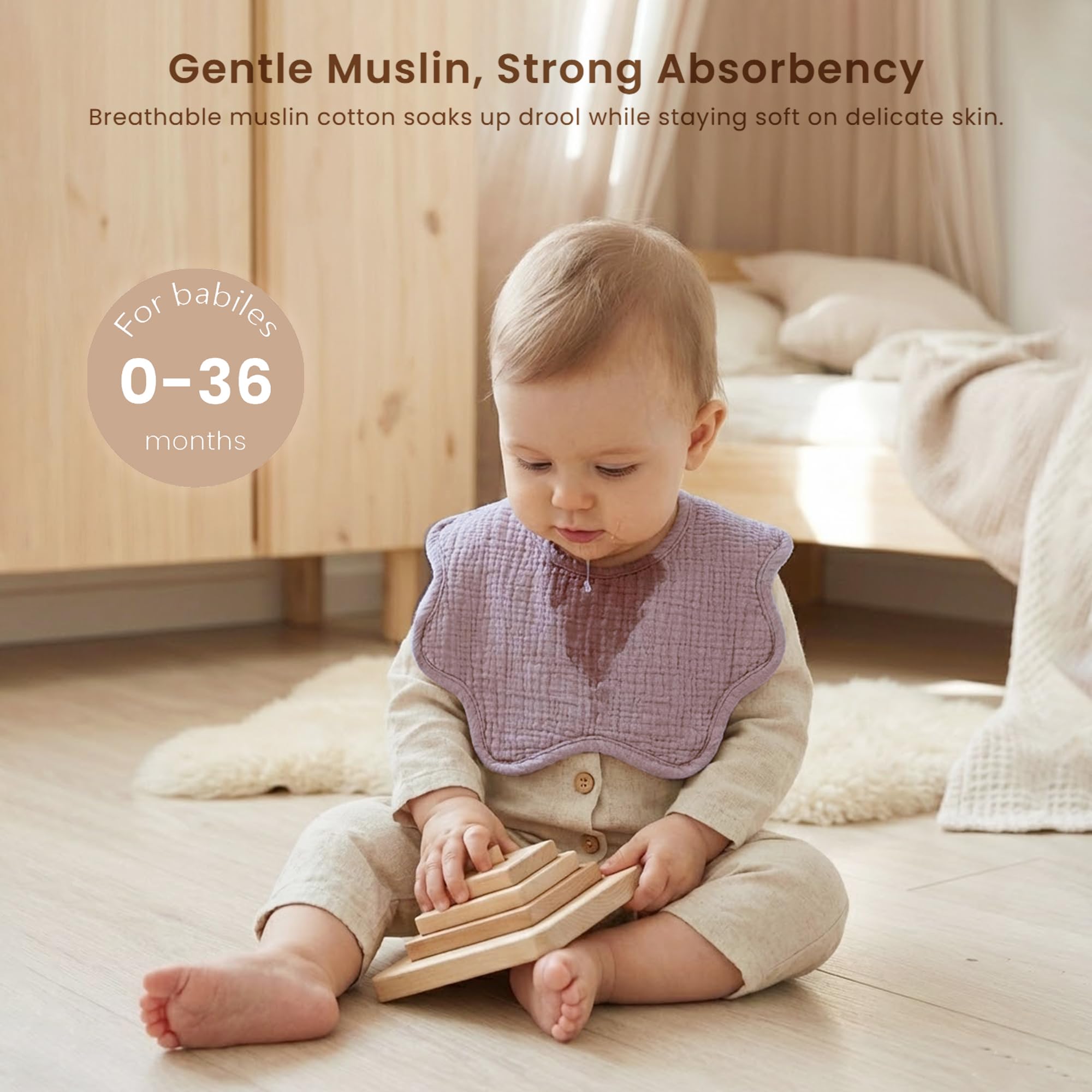 Konssy Muslin Baby Bibs absorbent cotton for drool management during teething.