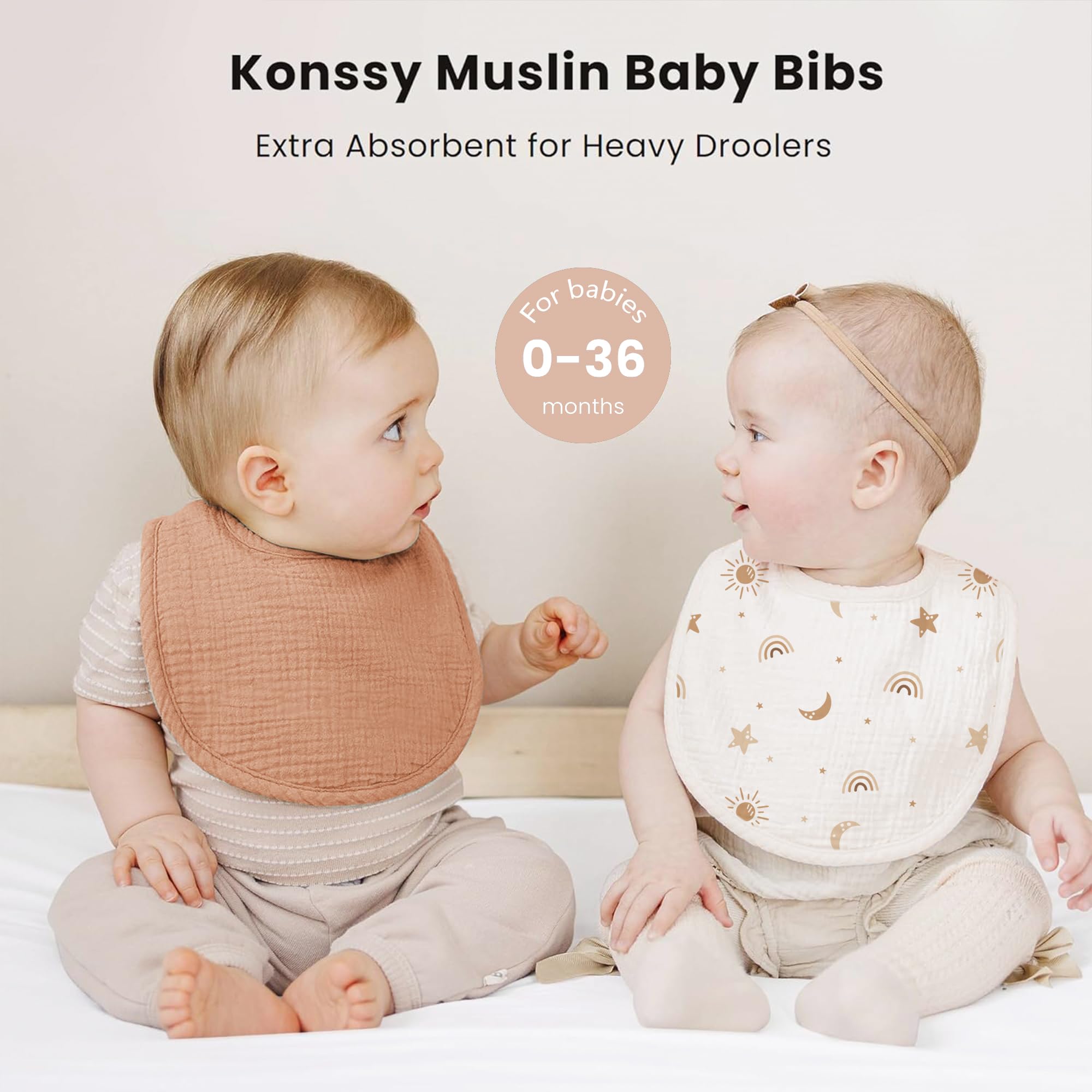 Konssy Muslin Bibs with nickel-free snaps adjustable up to 36 months