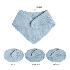 Konssy Muslin Baby Bibs with nickel-free snaps illustrate adjustable fit from newborn to 36 months.