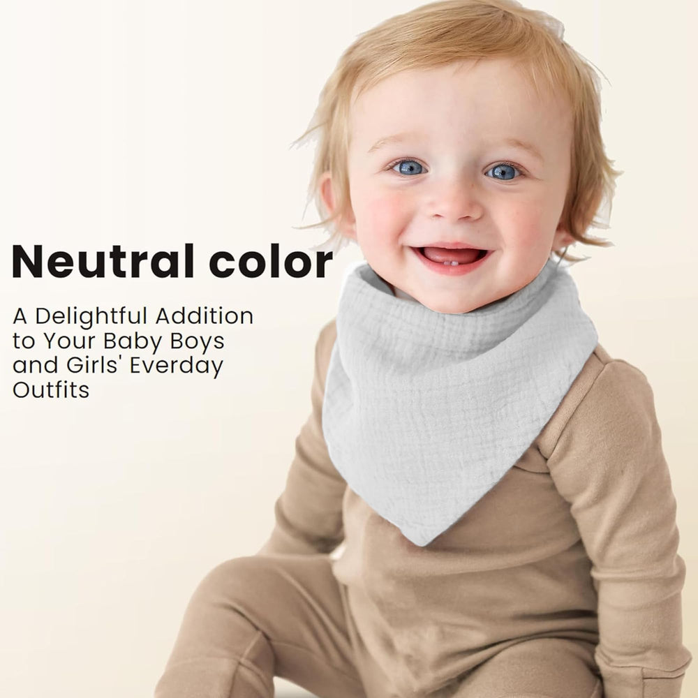 Konssy Muslin baby bib on baby, comfortable bandana style for teething drool