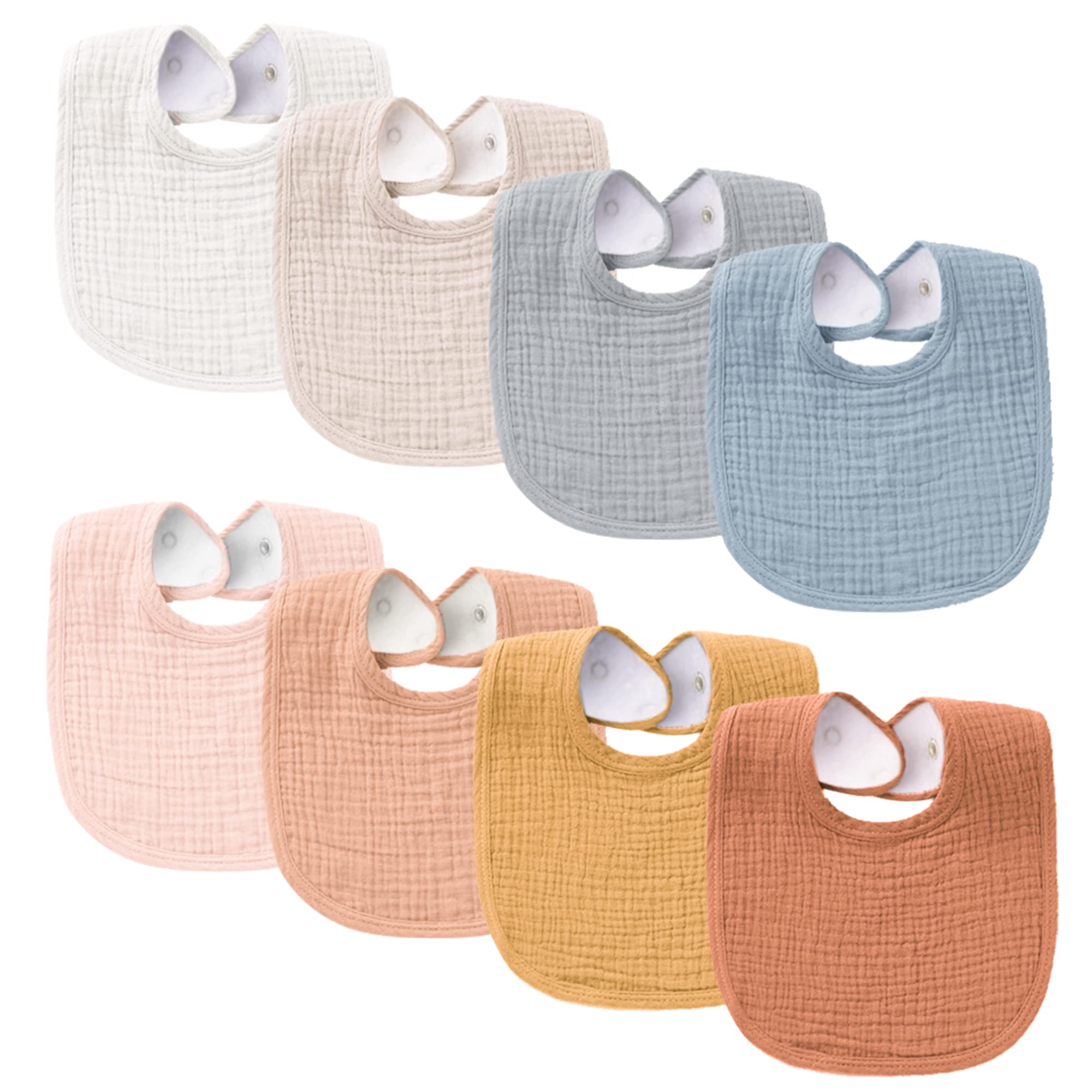 Konssy Muslin Baby Bibs 8-pack front view shows soft absorbent cotton for drool management