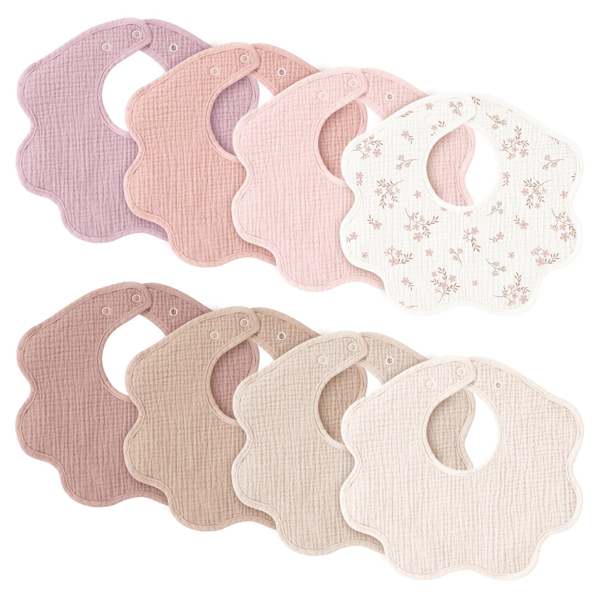 Konssy muslin baby bibs 8-pack flatlay shows neutral prints for teething and outfit pairing.